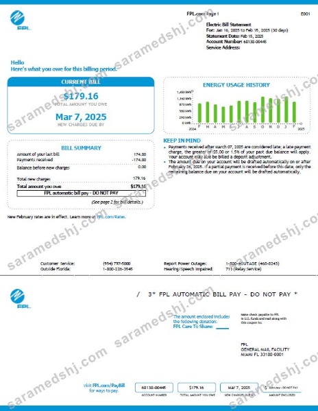 USA FPL utility bill template in Word and PDF formats, version 6